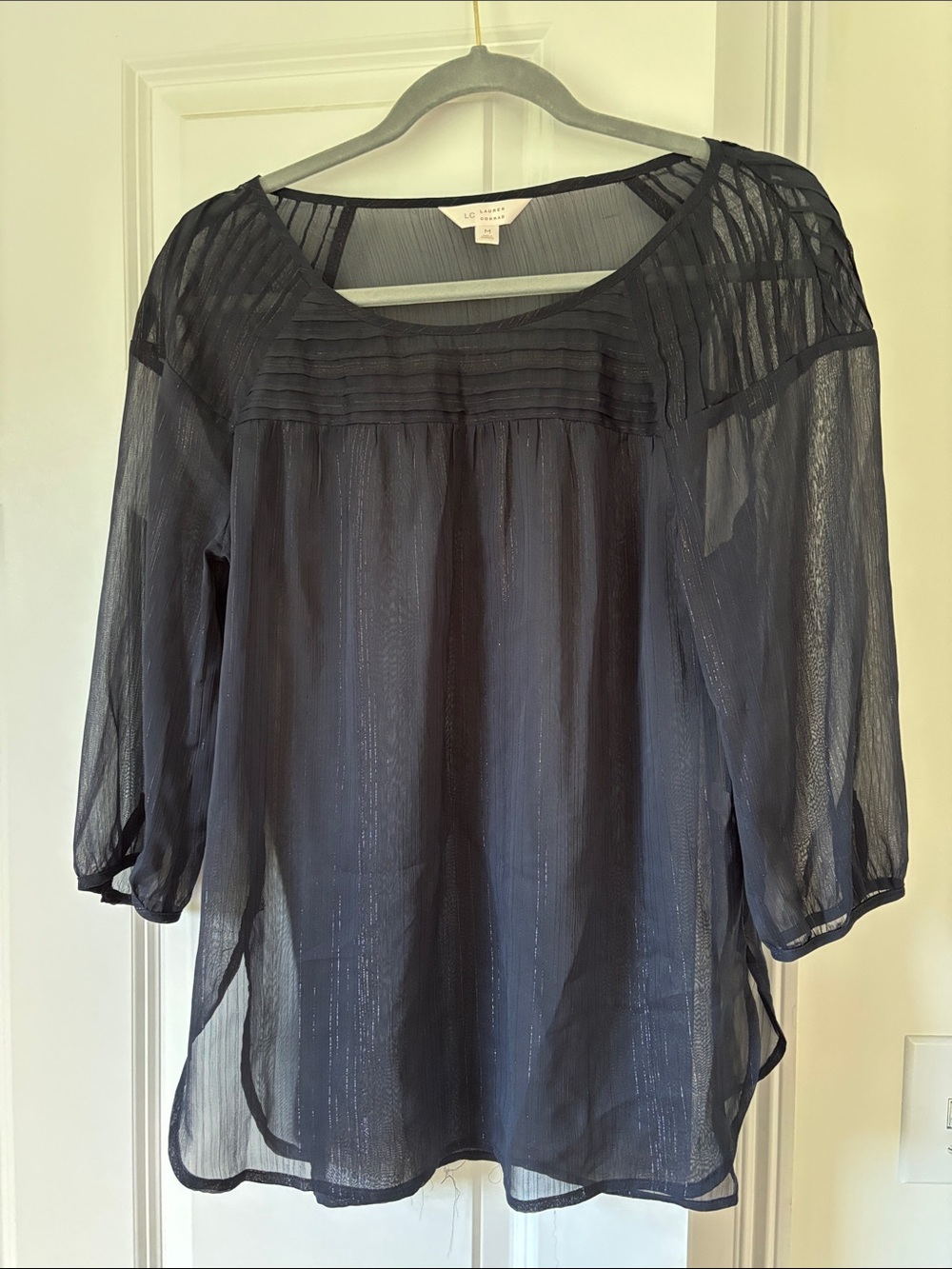 LC Lauren Conrad Navy Sheer Pintuck Yoke 3/4 Sleeve Blouse Medium
